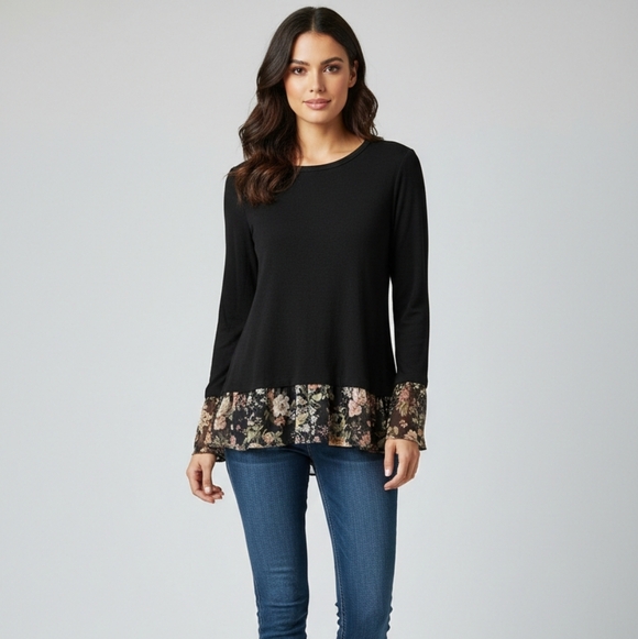 Max Studio Tops - Bailey 44 Black Long Sleeve Top with Floral Chiffon Tiered Hem & Cuffs - Size Me